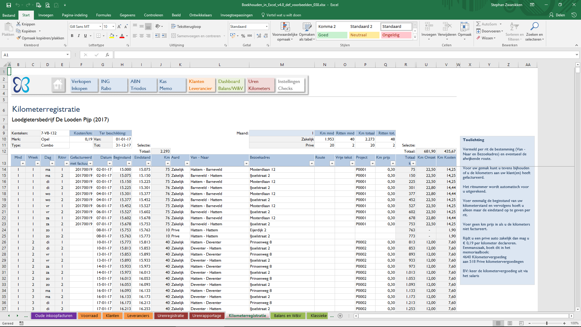 Kilometers Boekhouden in Excel