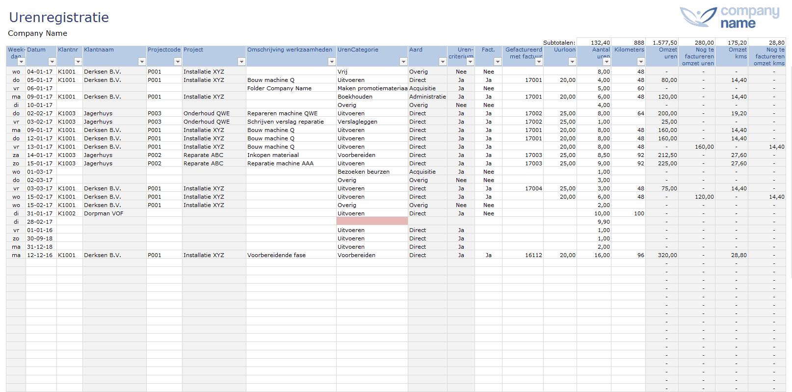 Urenregistratie in Excel voor ZZP'ers en andere ondernemers