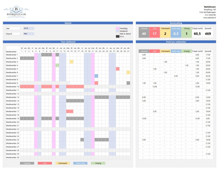 Vakantieplanning in Excel voor registratie van verlof, ziekte