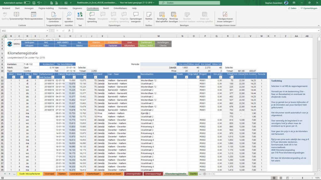 Kilometers Boekhouden in Excel