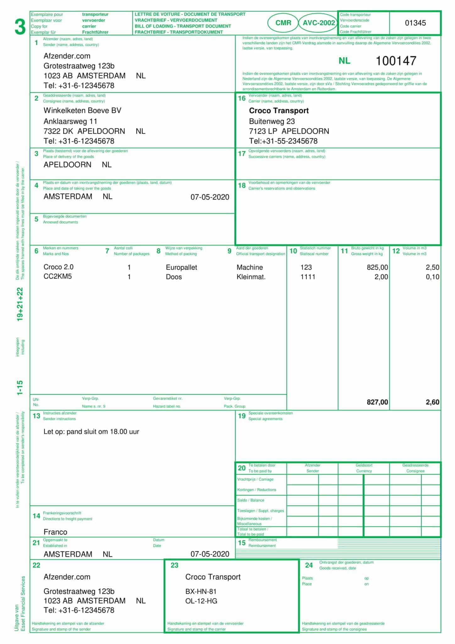 CMR vrachtbrief in Excel altijd vrachtbrieven op voorraad