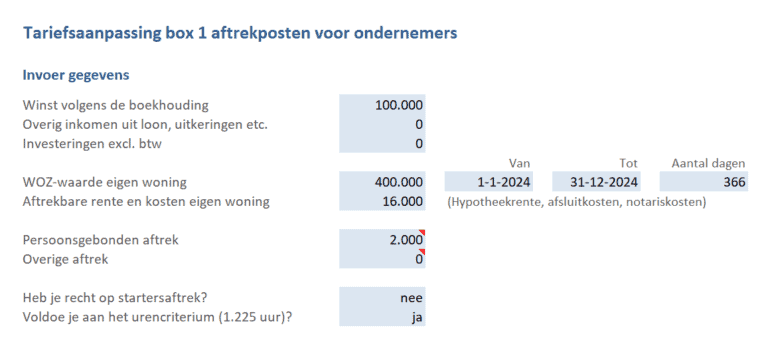 Tariefsaanpassing aftrekposten box 1 berekenen in Excel