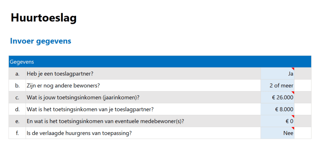 Huurtoeslag berekenen in Excel - 0 - invoer gegevens
