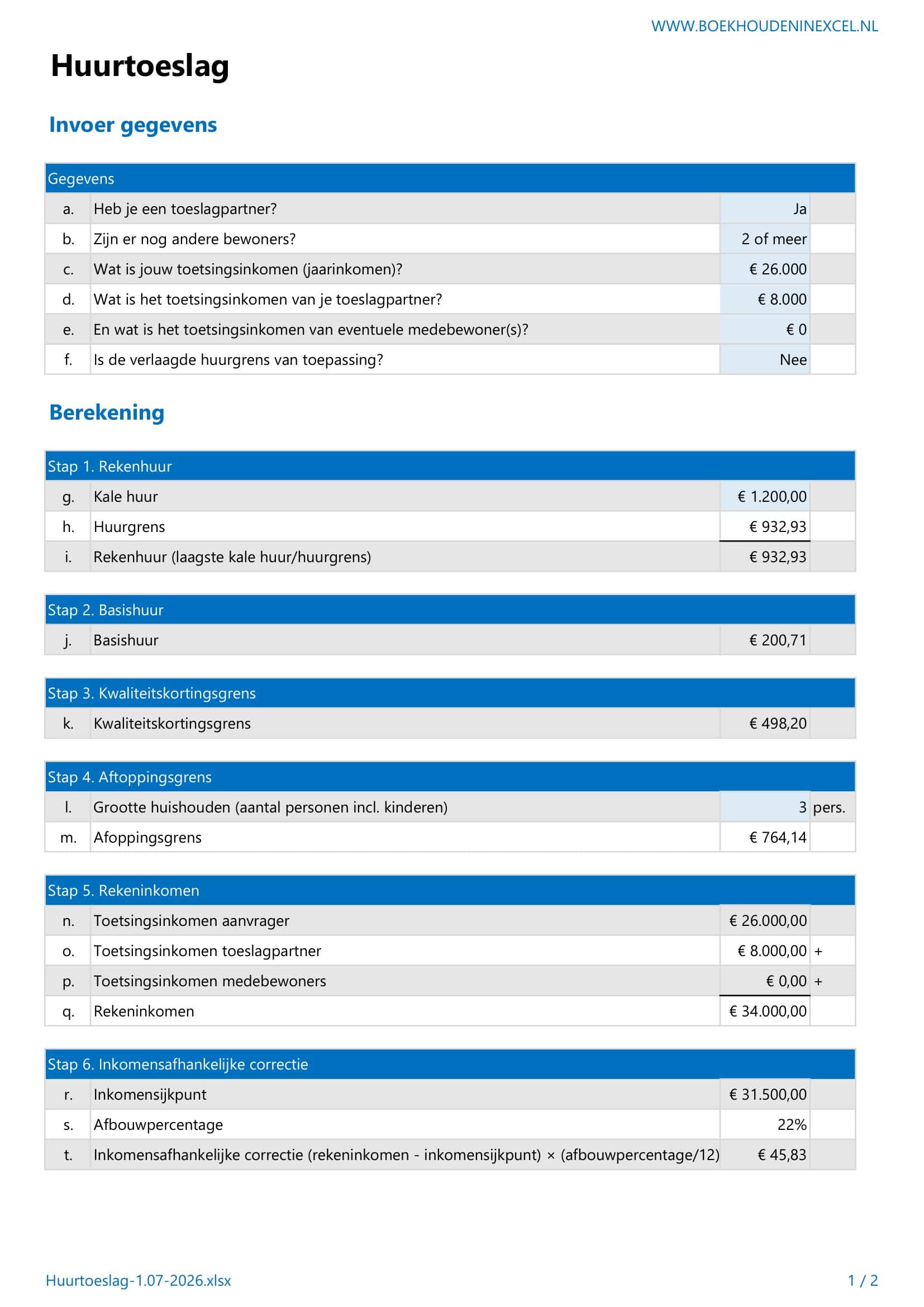 Huurtoeslag berekenen in Excel - voorbeeld pagina 1