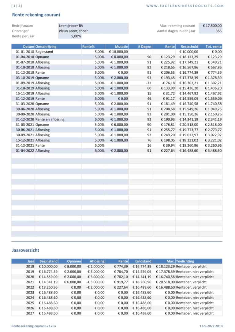 Rente rekening courant berekenen in Excel