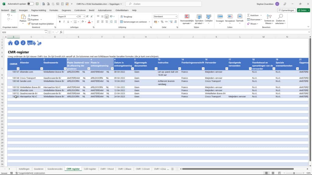 CMR vrachtbrief in Excel Pro inclusief historie in register
