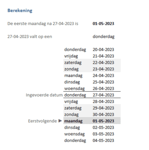 Eerstvolgende of vorige weekdag berekenen in Excel