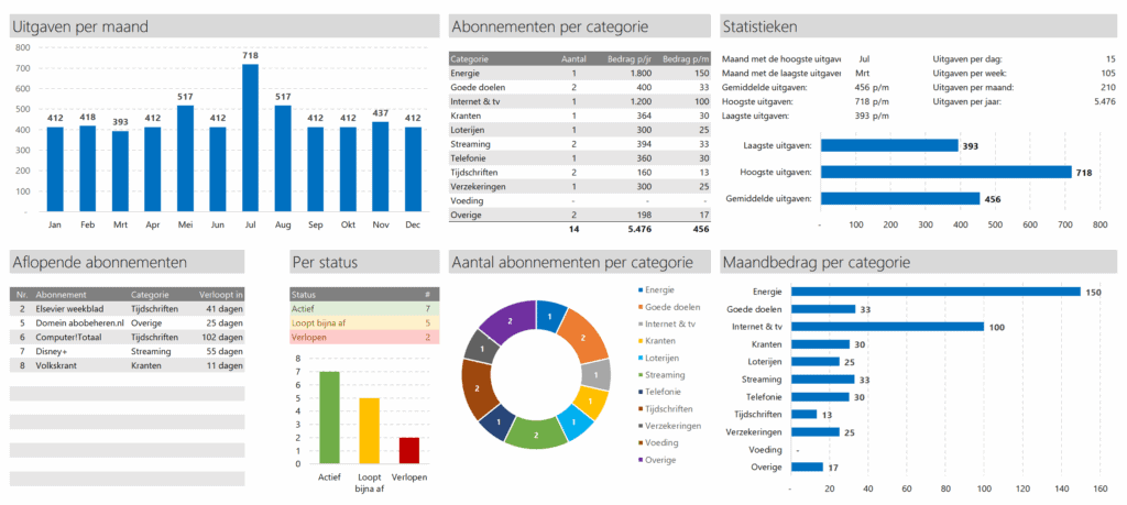 Abonnementen beheren in Excel - dashboard