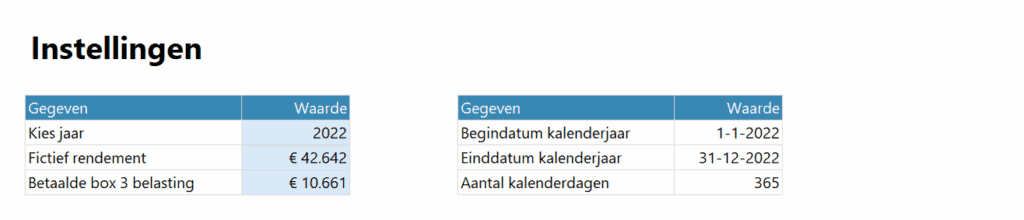 Opgaaf werkelijk rendement - instellingen