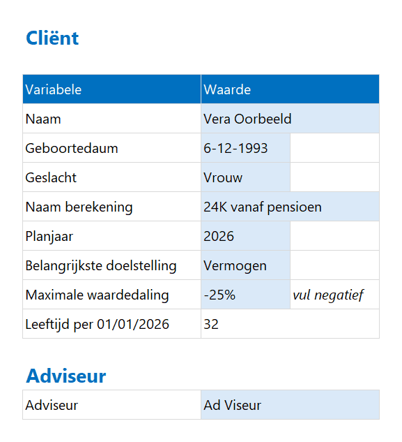 Asset Planner in Excel - cliëntgegevens invullen
