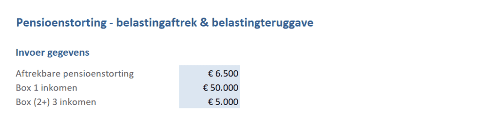 Pensioenstorting - belastingaftrek & belastingteruggave - gegevens invoer