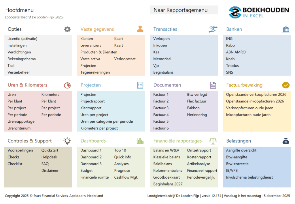 Boekhouden in Excel v12 - hoofdmenu