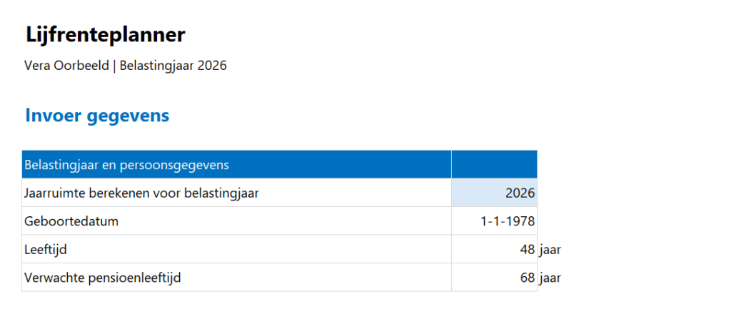 Lijfrente Planner in Excel - persoonsgegevens invullen