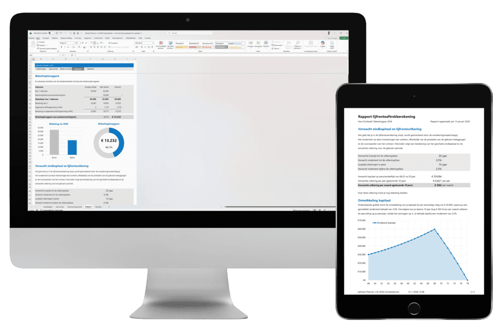 Lijfrente Planner in Excel met berekening van jaarruimte en belastingvoordeel