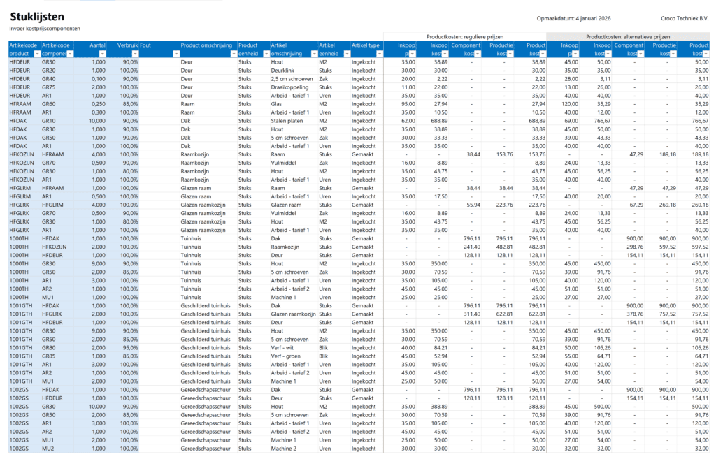 Product Costing Excel Template - stuklijsten