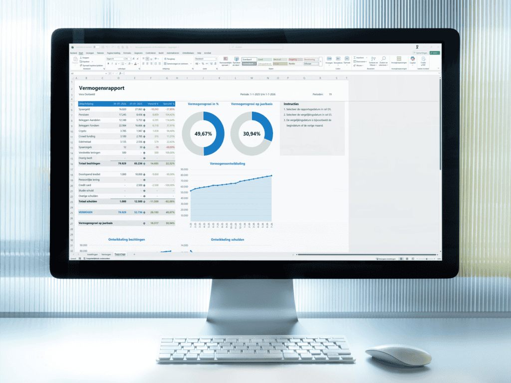 Vermogensoverzicht in Excel met bezittingen, schulden en vermogensgroei