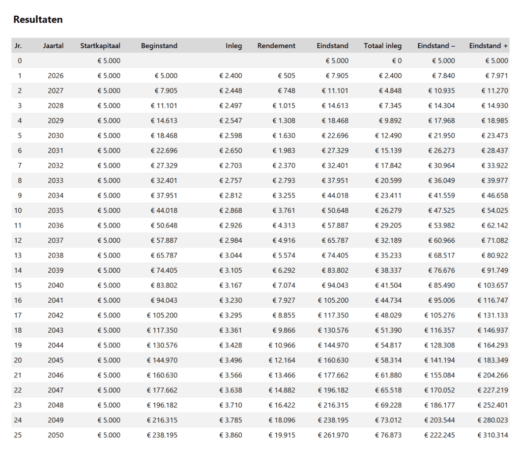 Vermogenscalculator in Excel - tabel met resultaten
