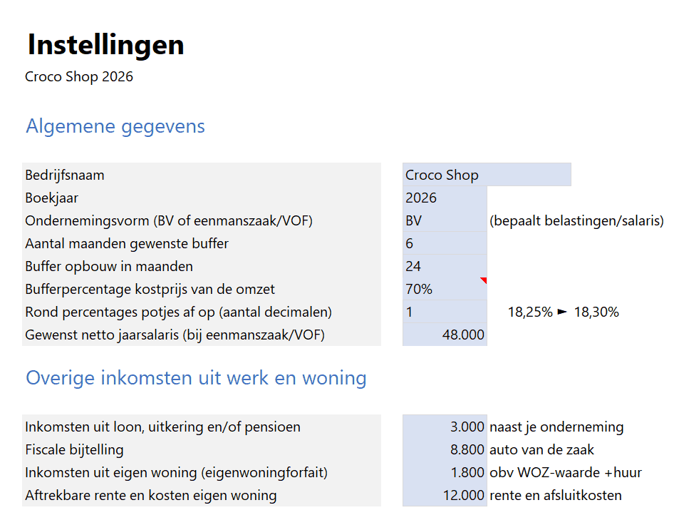 Profit Planner in Excel - Pro - instellingen
