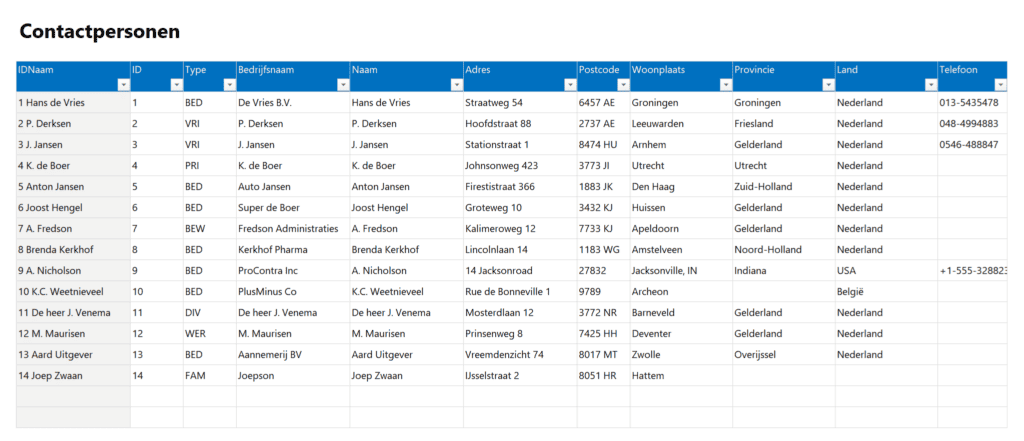 Contactpersonenbeheer in Excel - contacten invullen