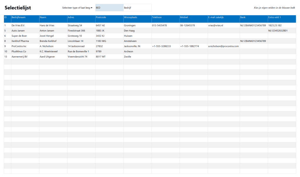 Contactpersonenbeheer in Excel - voorbeeld selectielijst