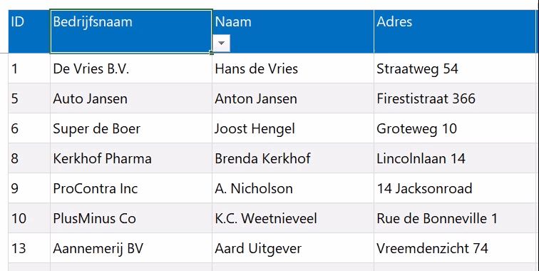 Contactpersonenbeheer in Excel -zelf kolommen selecteren in de selectielijst