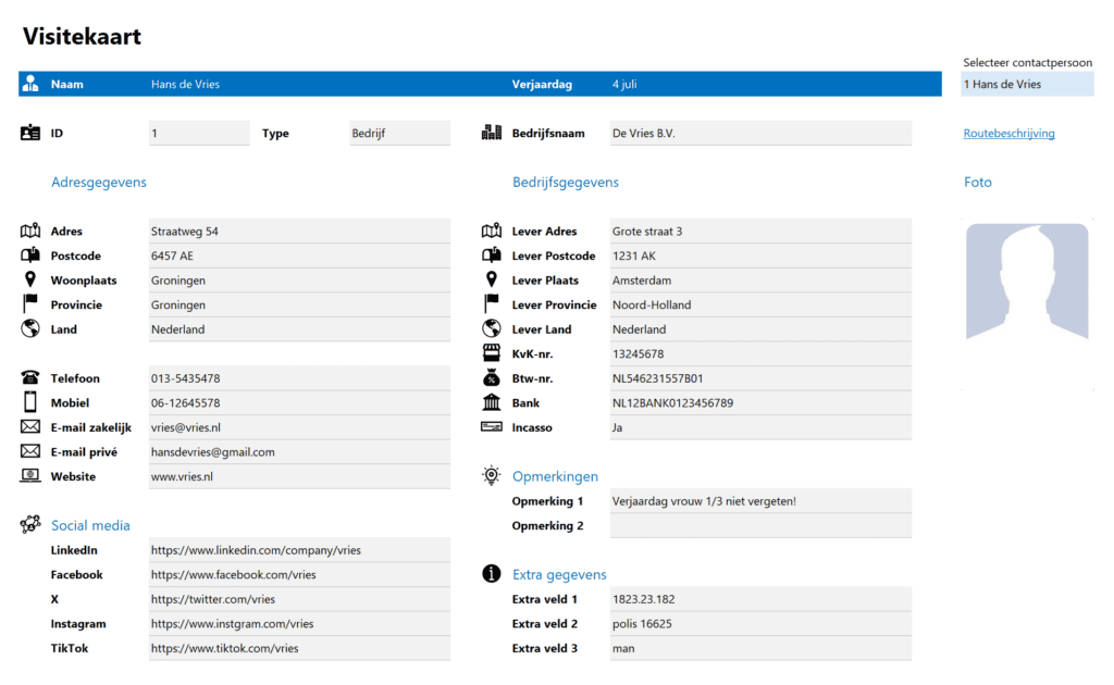 Contactpersonenbeheer in Excel - visitekaart