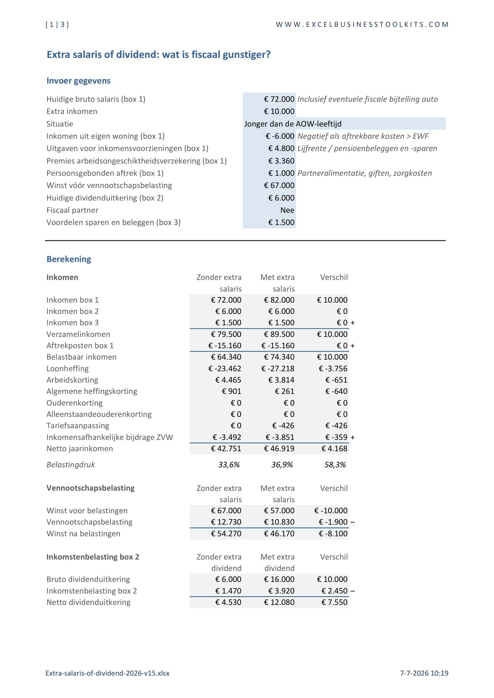 Extra salaris of dividend - bereken wat fiscaal gunstiger is - voorbeeld pagina 1