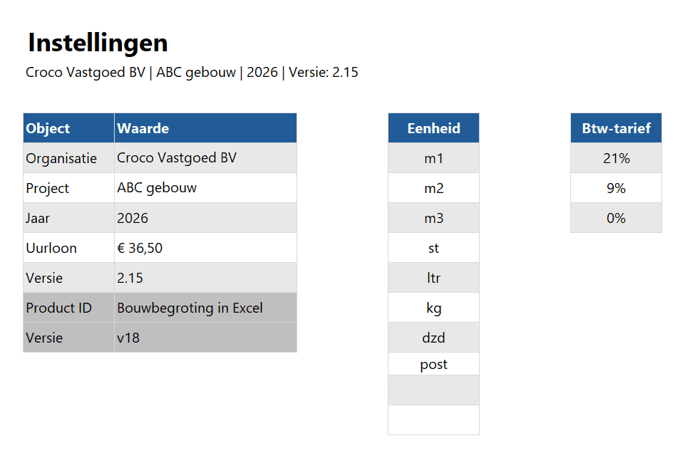 Instellingen aanpassen in de Excel bouwbegroting