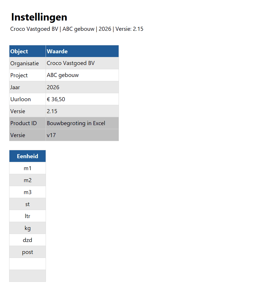 Instellingen aanpassen in de Excel bouwbegroting
