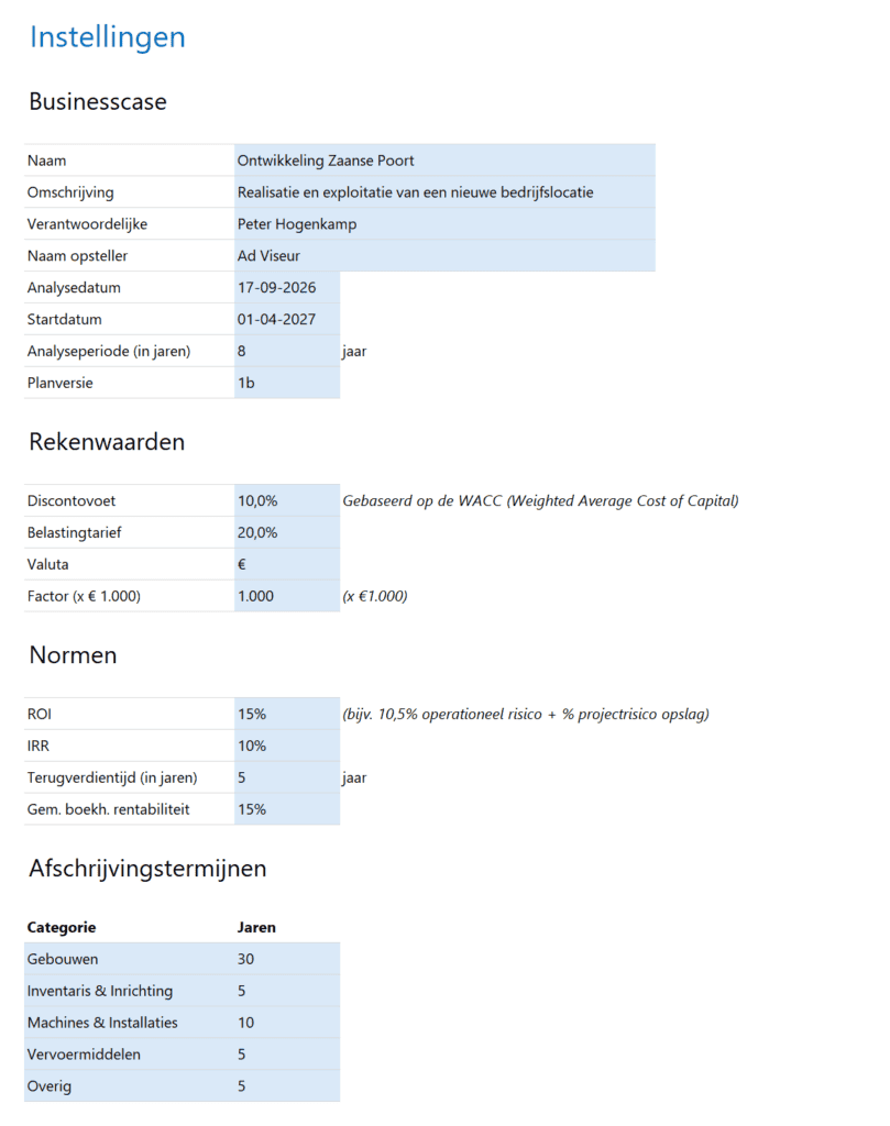 Business Case in Excel Pro - instellingen aanpassen