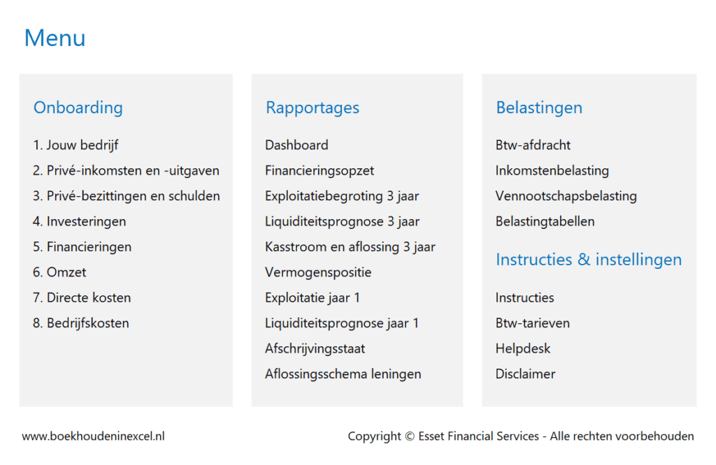 Financieringsplan Pro - navigatiemenu
