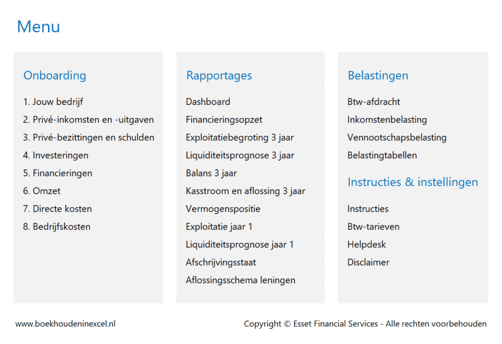 Financieringsplan Pro - navigatiemenu