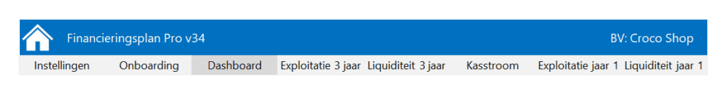 Financieringsplan Pro - topmenu