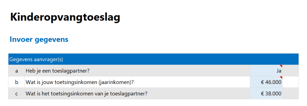 Kinderopvangtoeslag berekenen in Excel - 1 - gegevens aanvrager