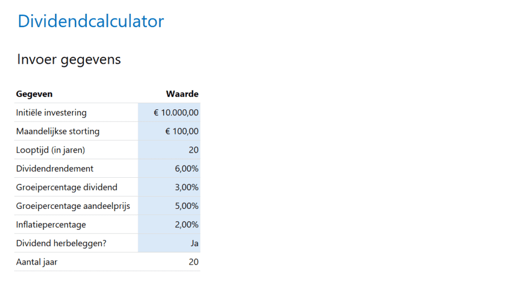 Dividendcalculator Excel - 1 - invoer gegevens